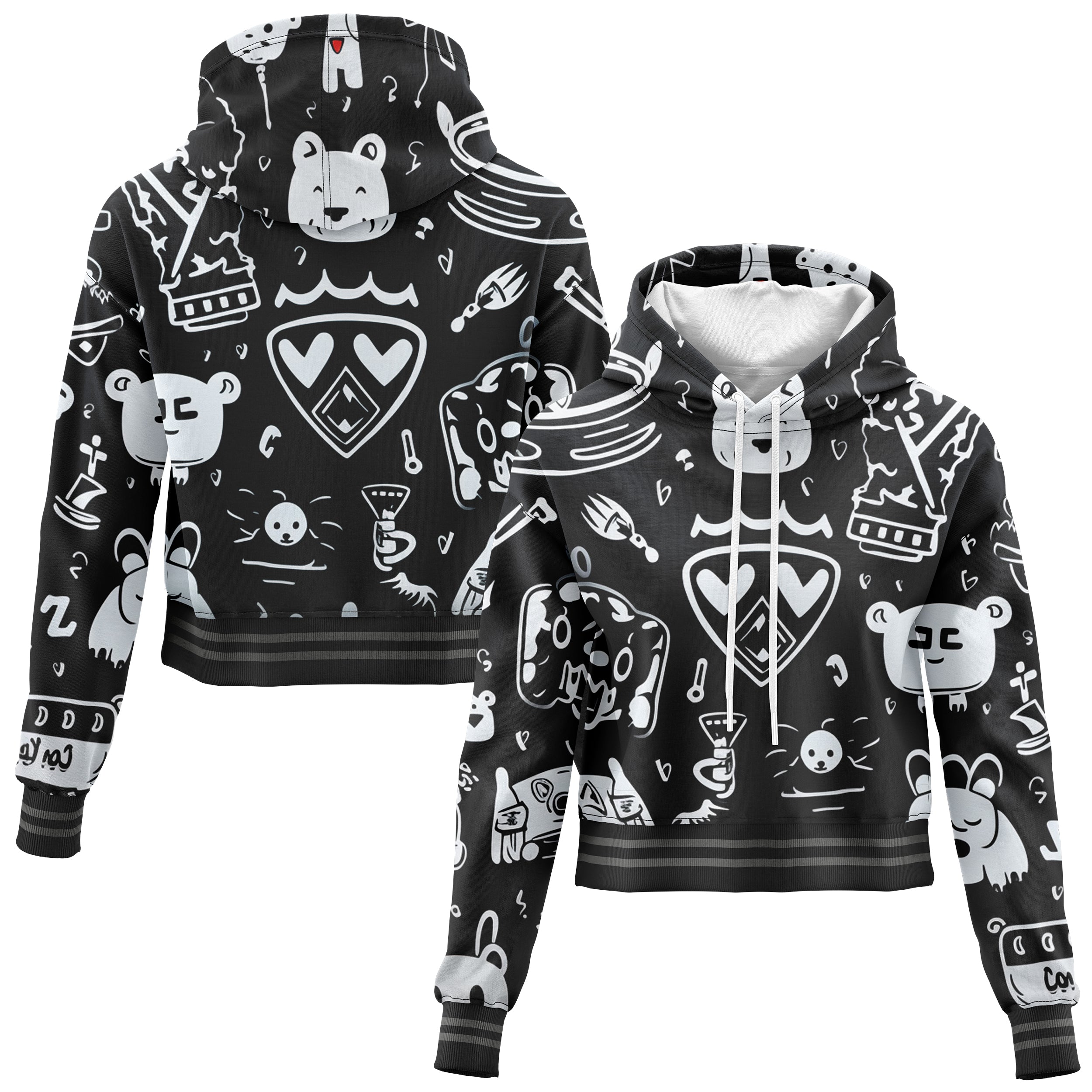 Kings Pattern Black Cropped Hoodie CH240829Ki026