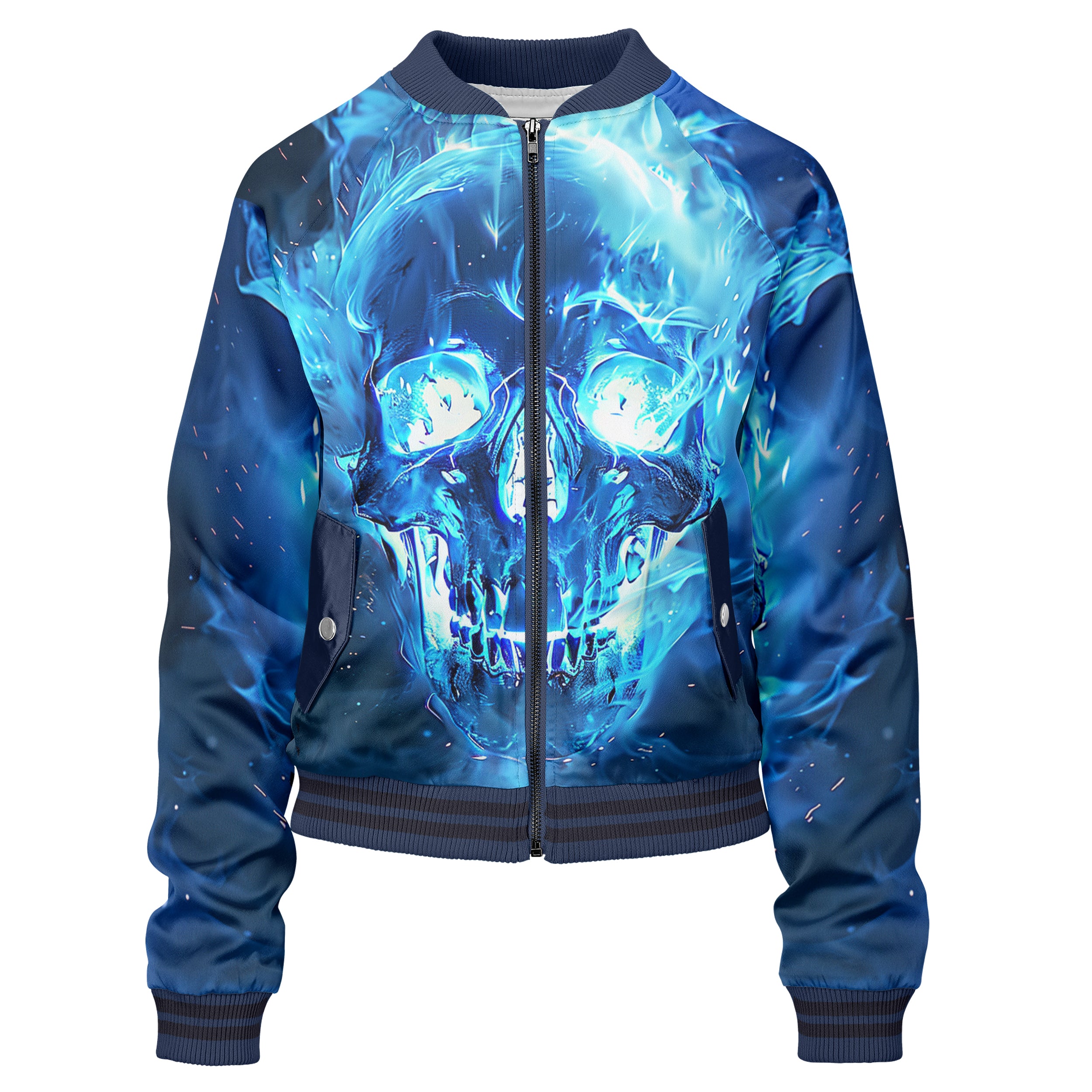 Blue flamed skull Women bomber jacket