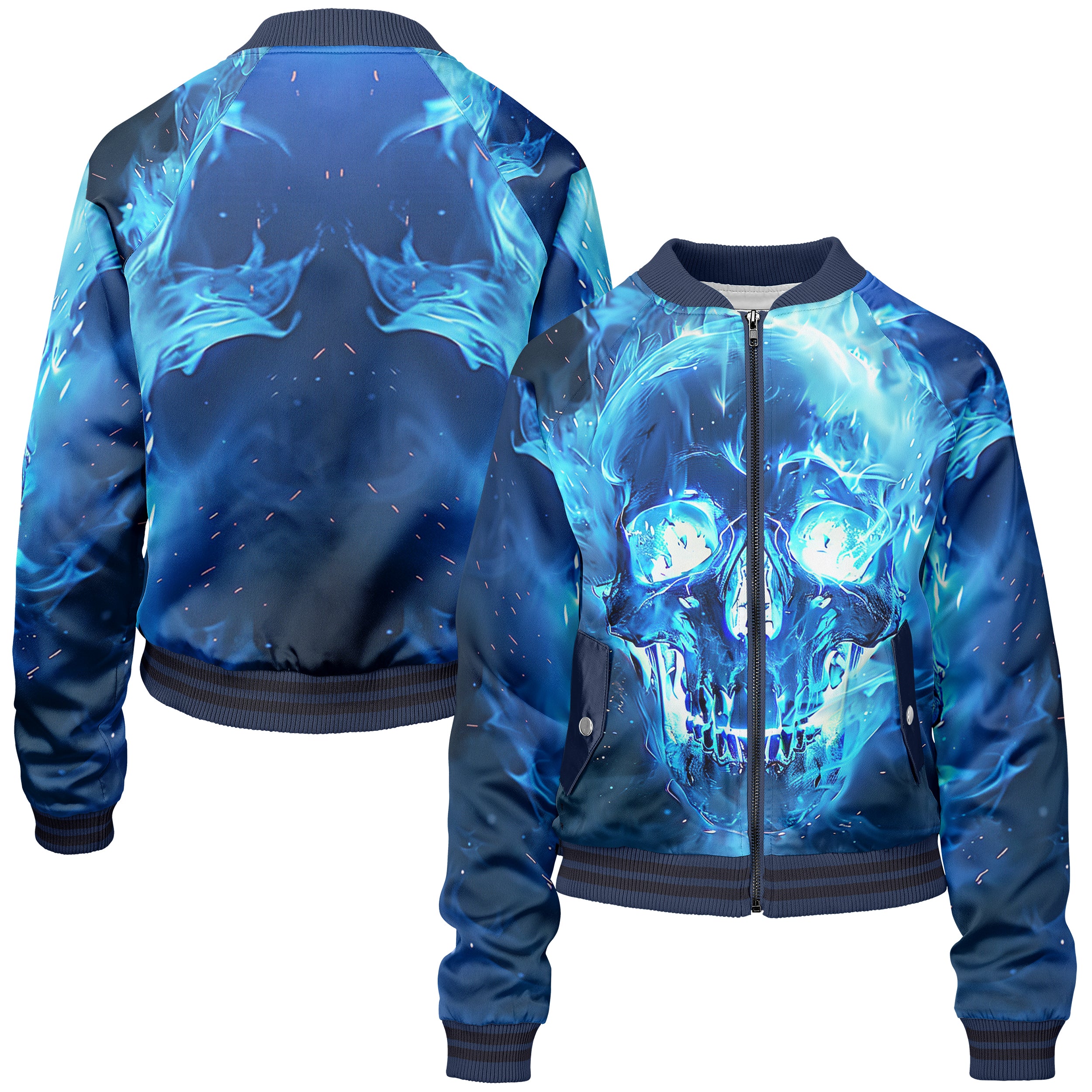 Blue flamed skull Women bomber jacket WB240829Bl007