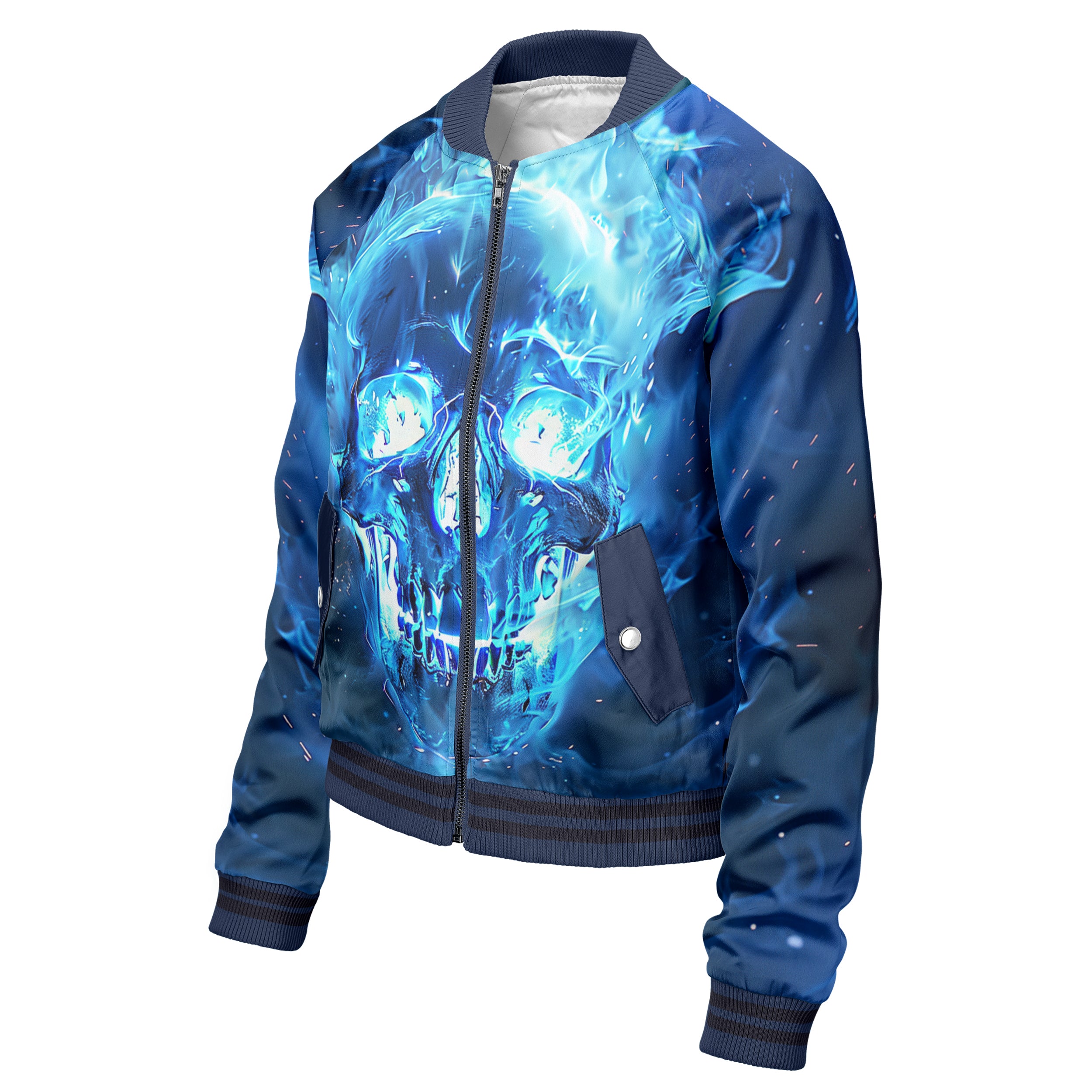 Blue flamed skull Women bomber jacket