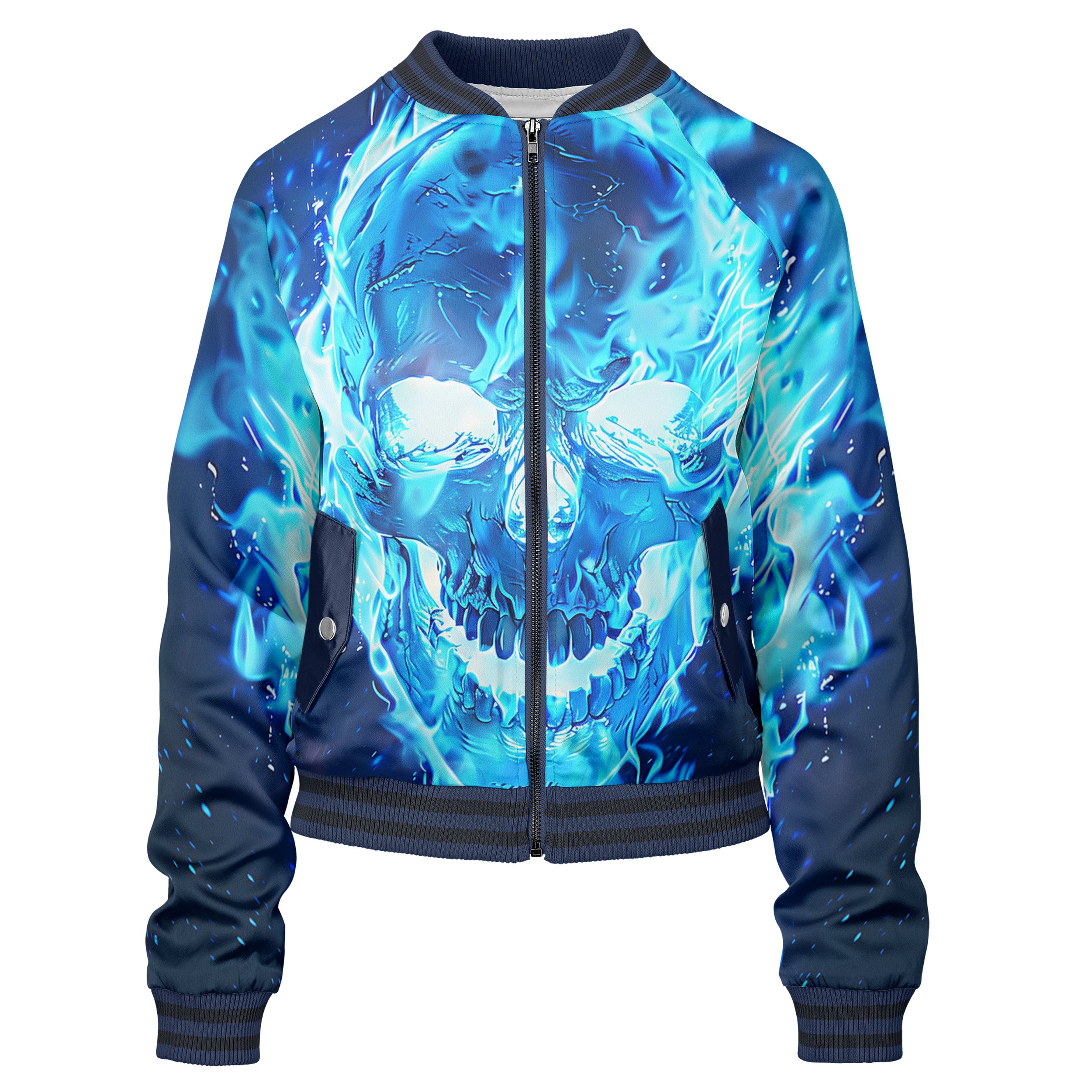 Blue flamed skull Women bomber jacket