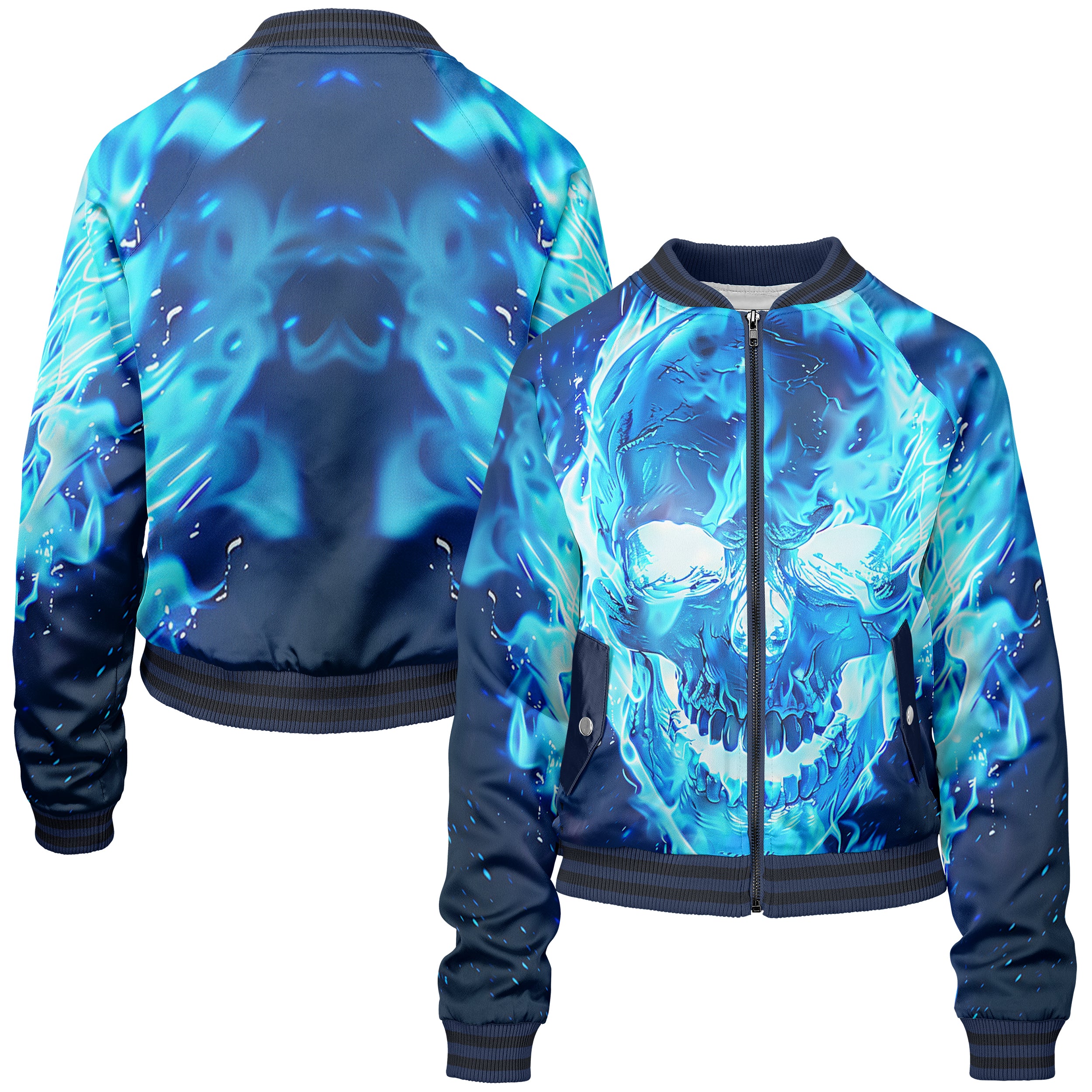 Blue flamed skull Women bomber jacket WB240902Bl012