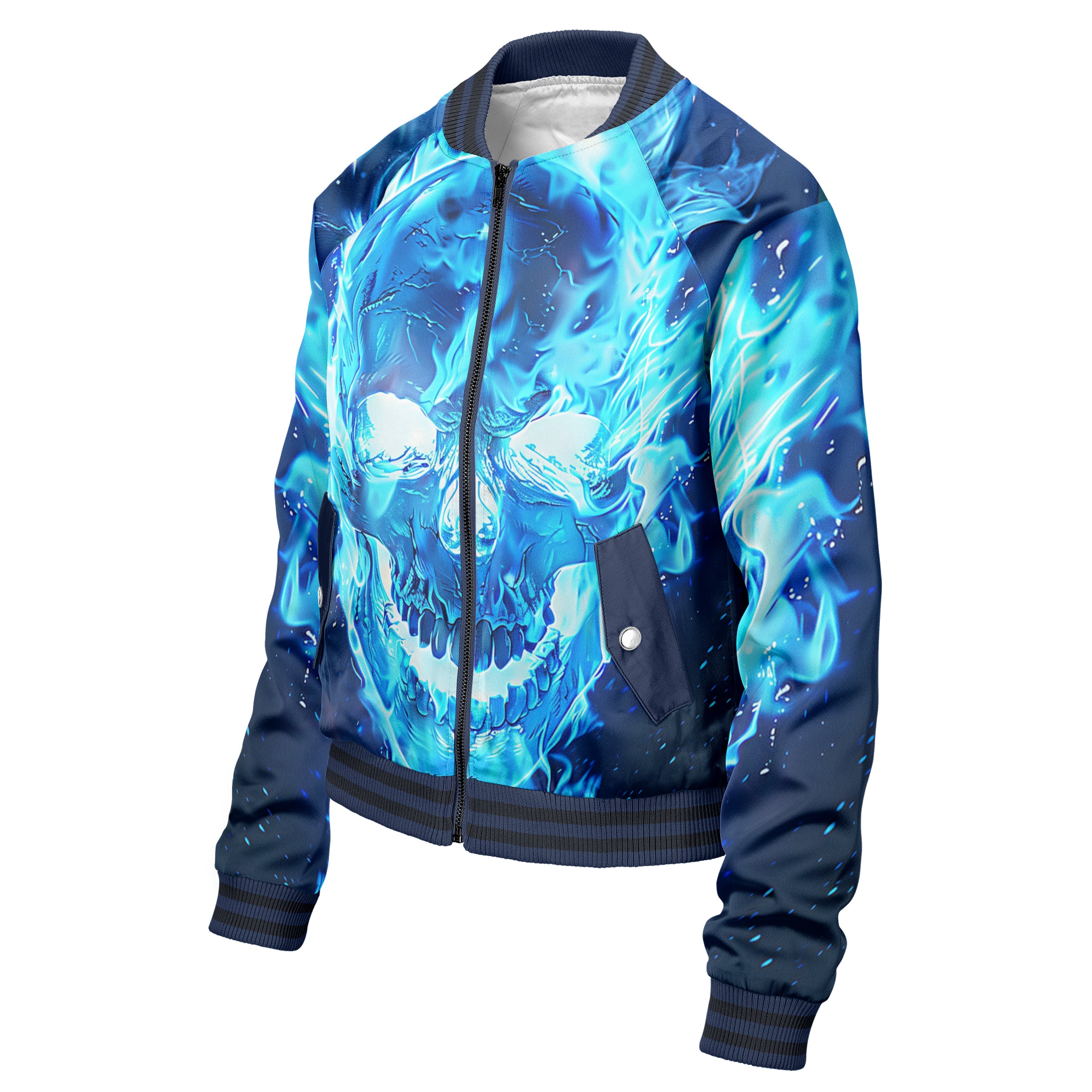 Blue flamed skull Women bomber jacket