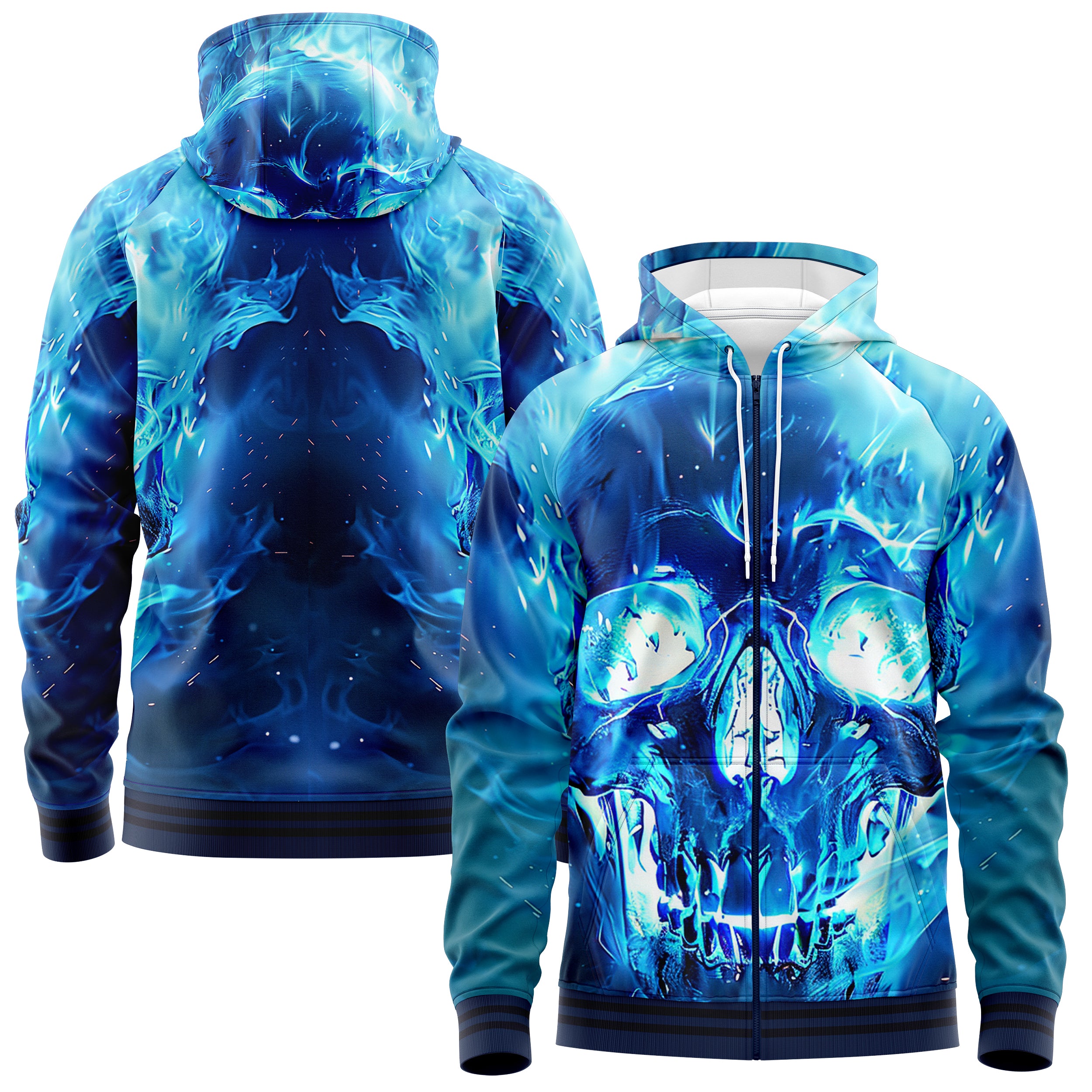 Blue flamed skull Zip Up Hoodies ZU240829Bl007